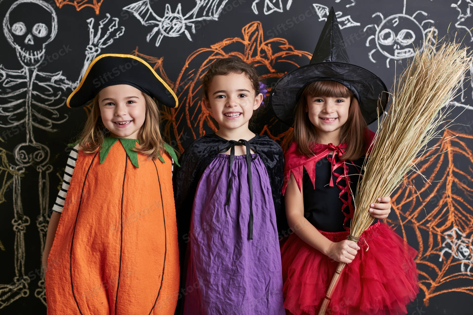 Three young girls in halloween costumes smiling together in front of a chalkboard with spooky drawings