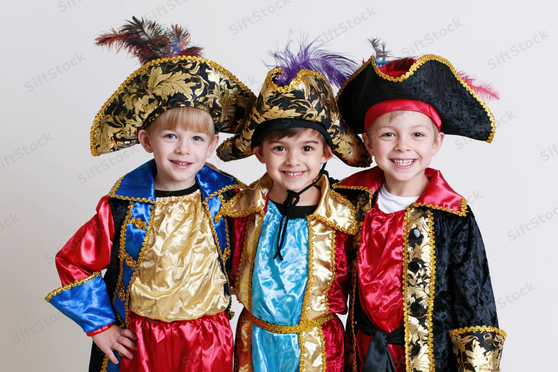 Three young boys in elaborate pirate costumes smiling together against a plain background