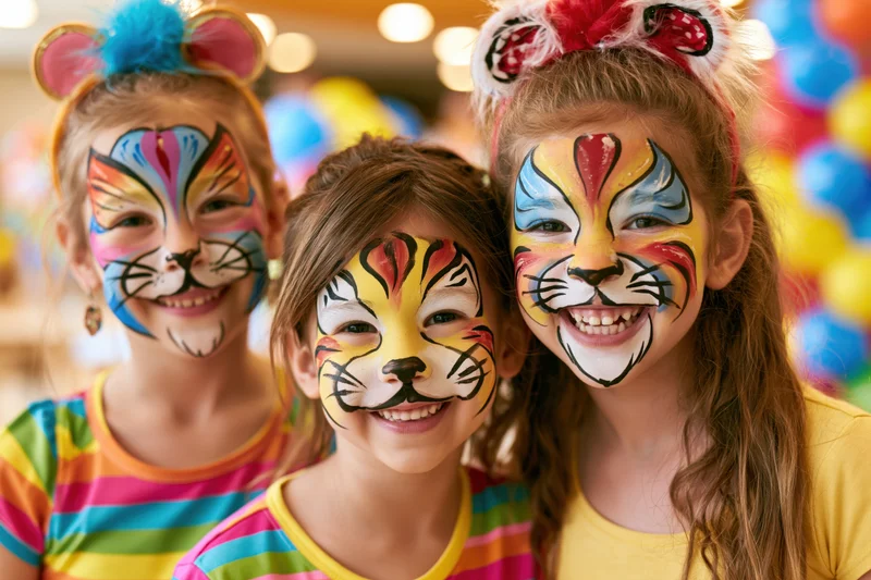Three young girls with animal face paint smiling at a party
