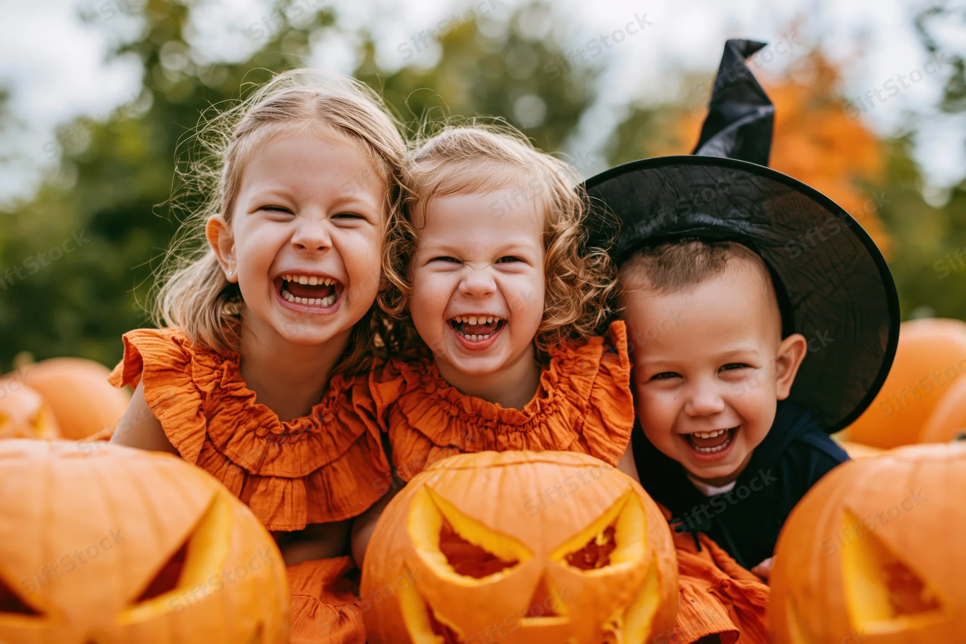 Three young toddlers laughing together outdoors among carved pumpkins wearing halloween costumes