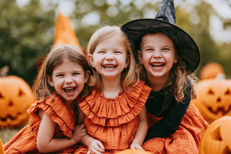 Three young girls in witch costumes laughing together outdoors among carved pumpkins