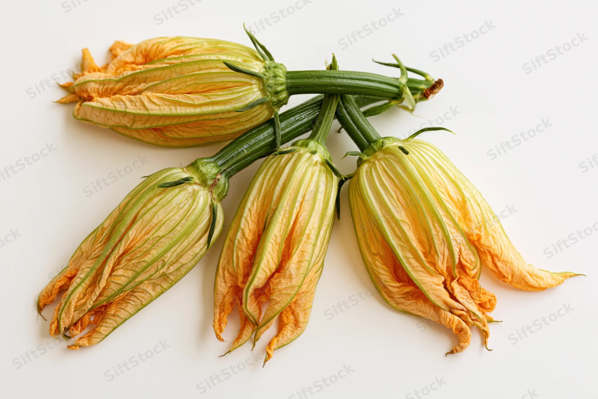 Three zucchini blossoms with green stems arranged on a white surface