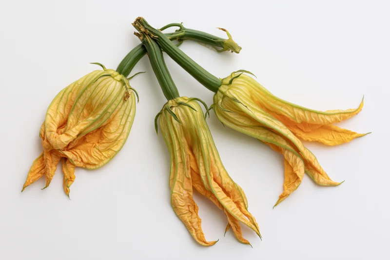 Three zucchini blossoms with green stems arranged on a white background