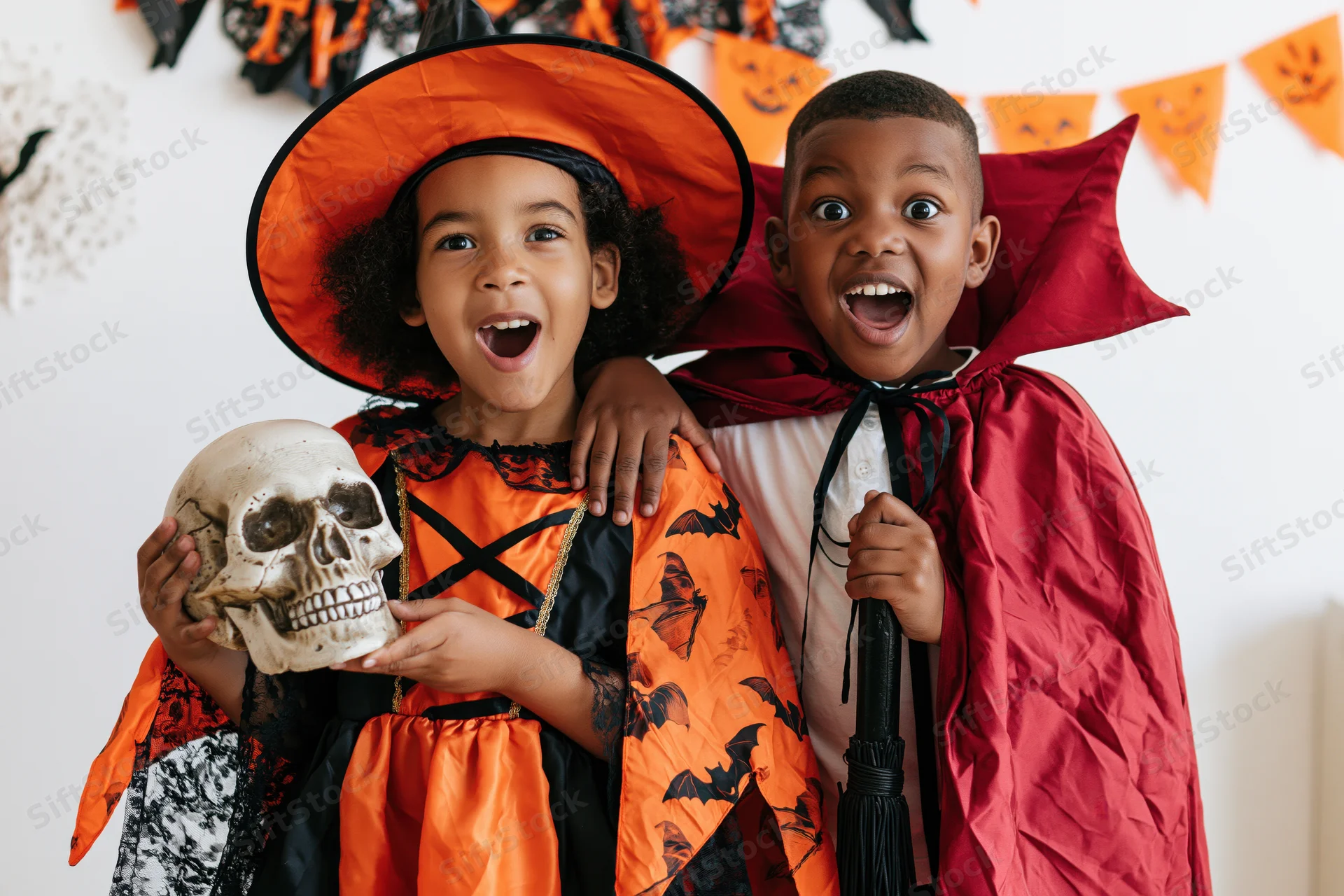 Two black children in halloween costumes posing with exaggerated expressions indoors