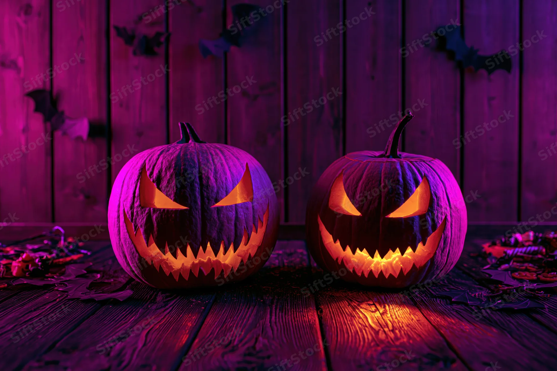 Two carved jack-o-lanterns glowing on a wooden table with purple lighting and bat decorations