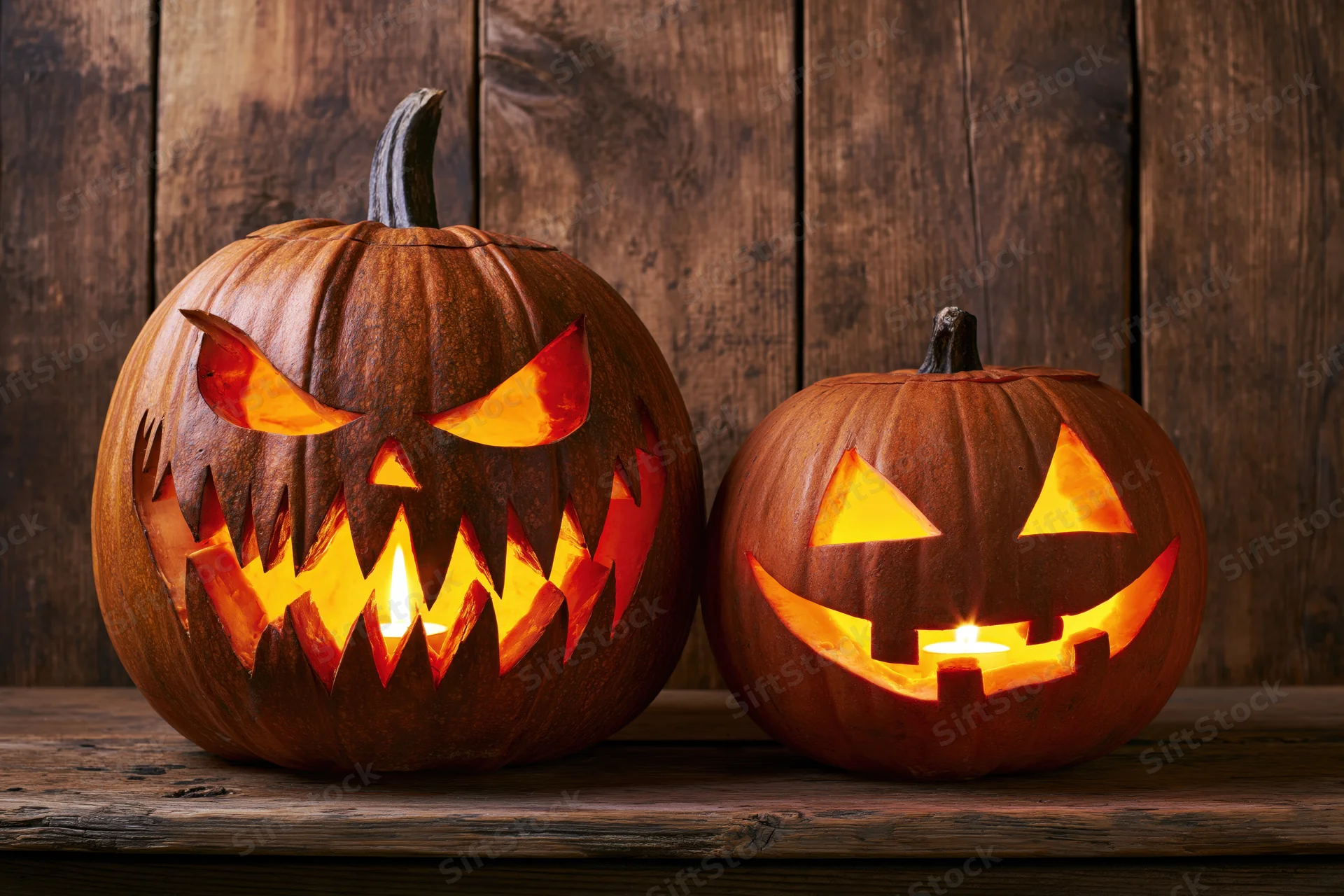 Two carved pumpkins with glowing candles on a wooden table
