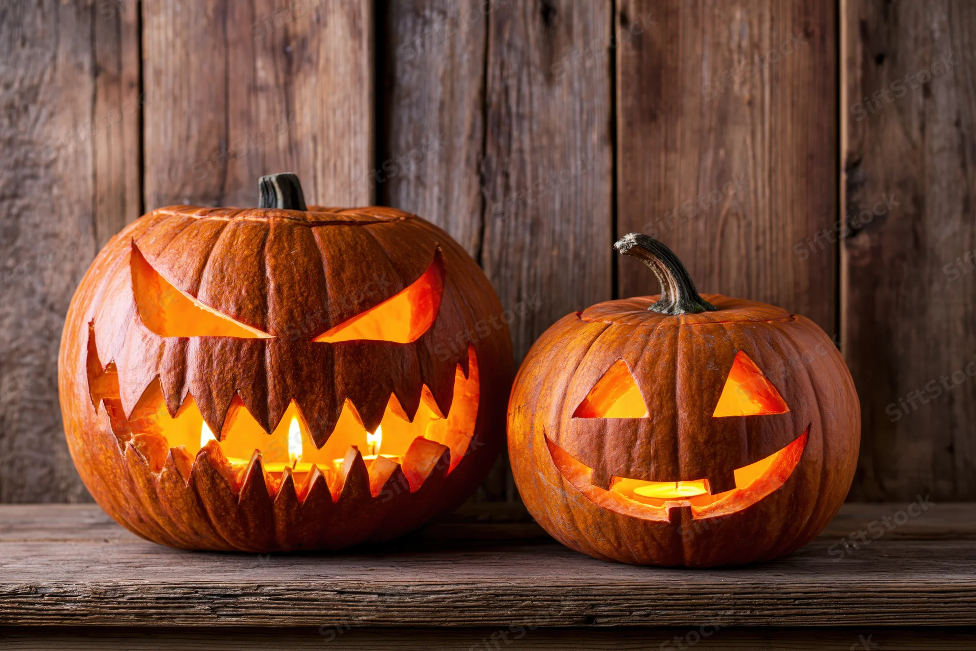 Two carved pumpkins with lit candles on a wooden surface