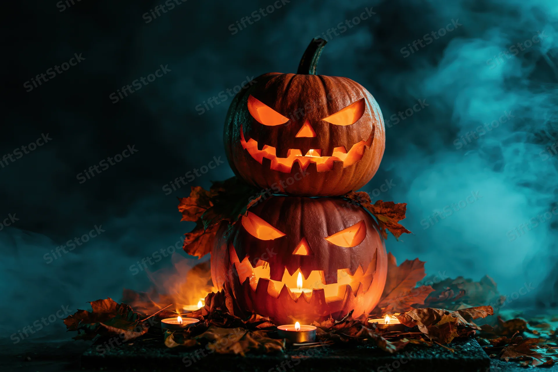 Two carved jack-o-lanterns stacked with candles and autumn leaves in smoky blue lighting