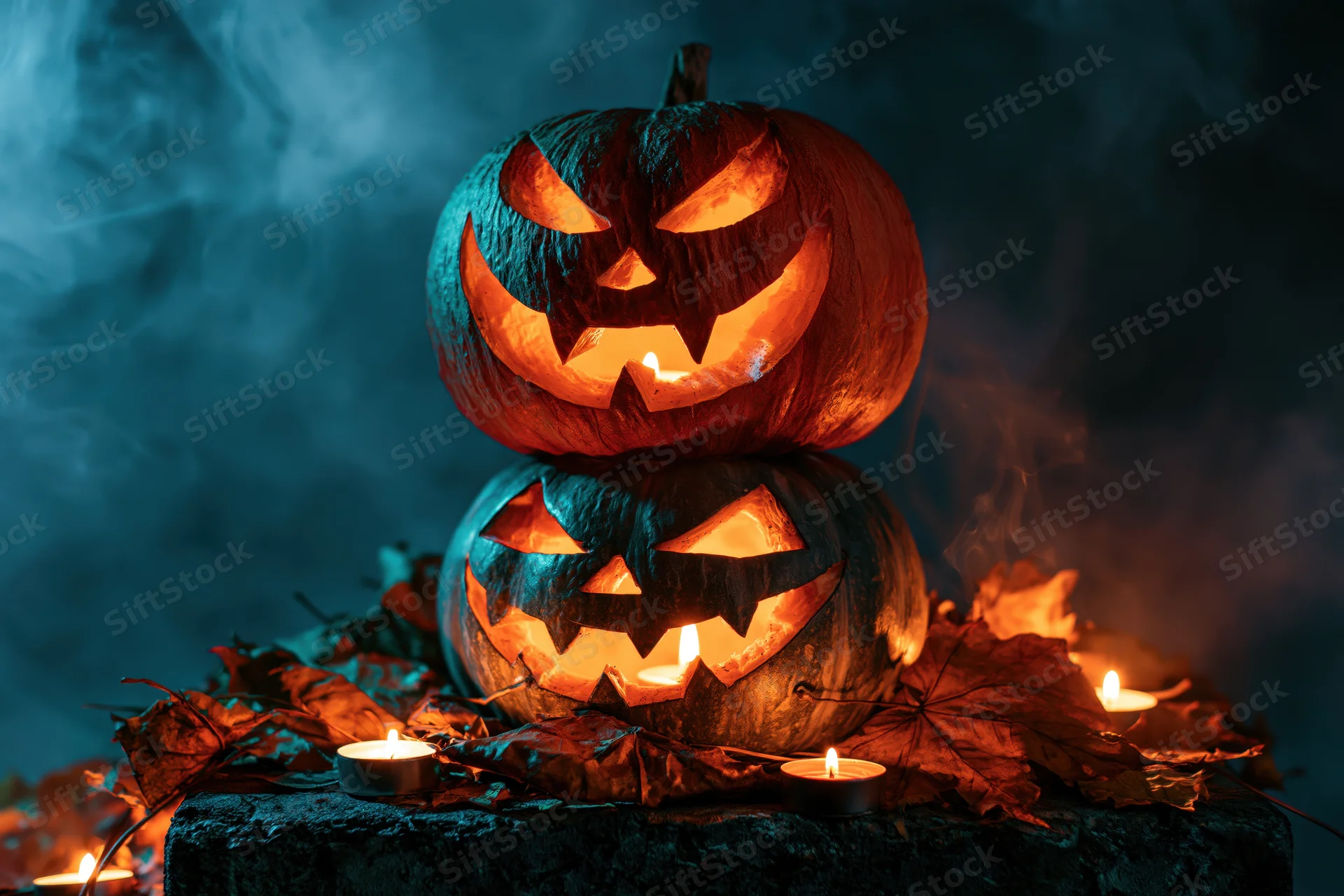 Two carved jack-o-lanterns stacked on a stone base surrounded by autumn leaves and candles with smoke in the background