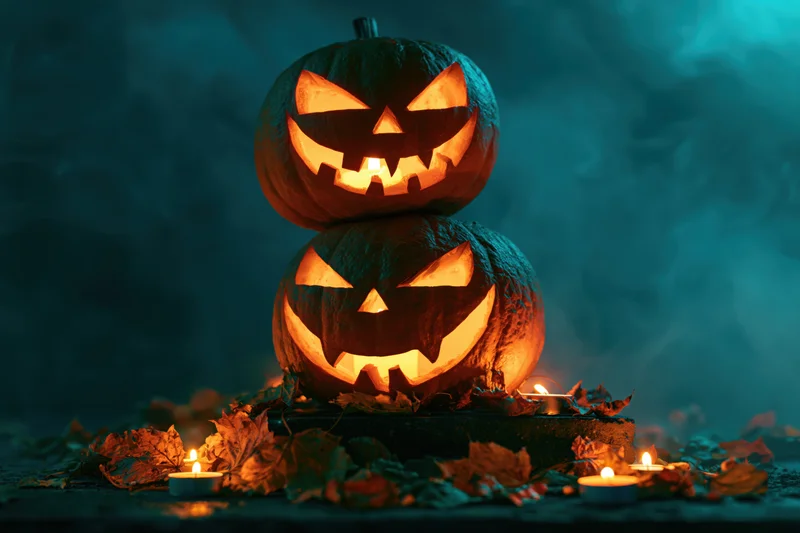 Two carved jack-o-lanterns stacked on a base with candles and autumn leaves in a smoky dark setting
