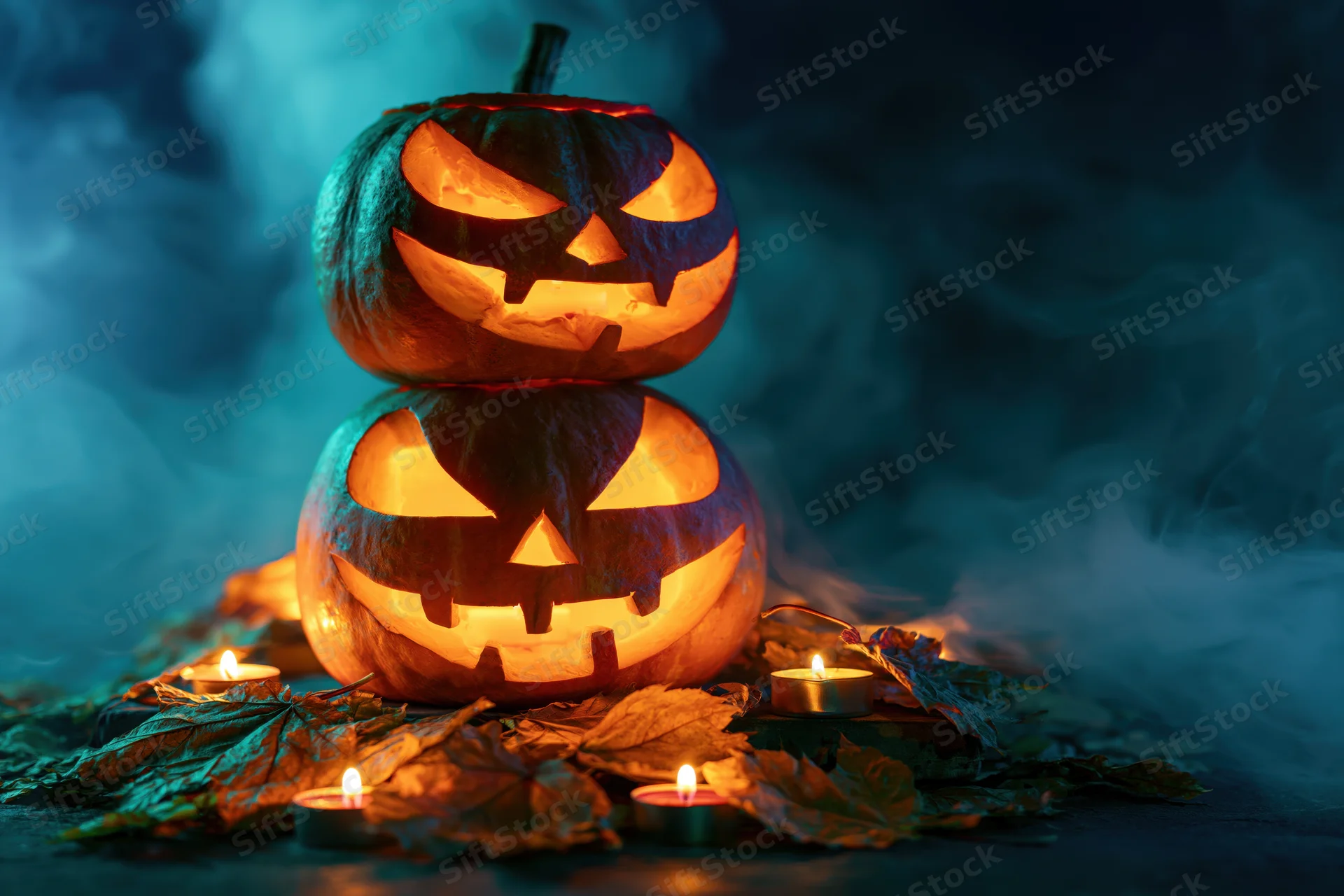 Two carved jack-o-lanterns stacked with glowing candles and autumn leaves in smoky dark setting