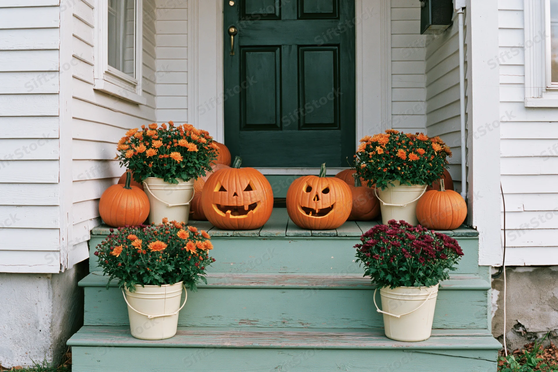 Carved jack-o-lanterns and potted mums arranged on weathered green steps of a white house porch