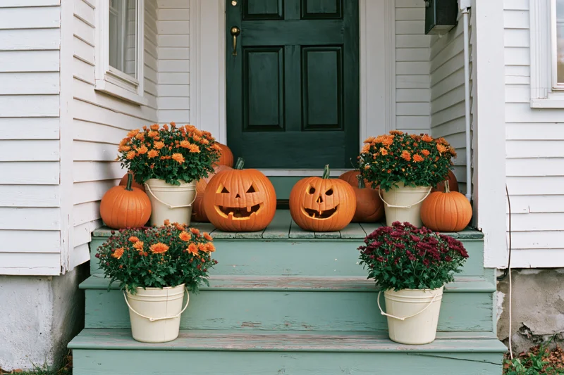 Carved jack-o-lanterns and potted mums arranged on weathered green steps of a white house porch
