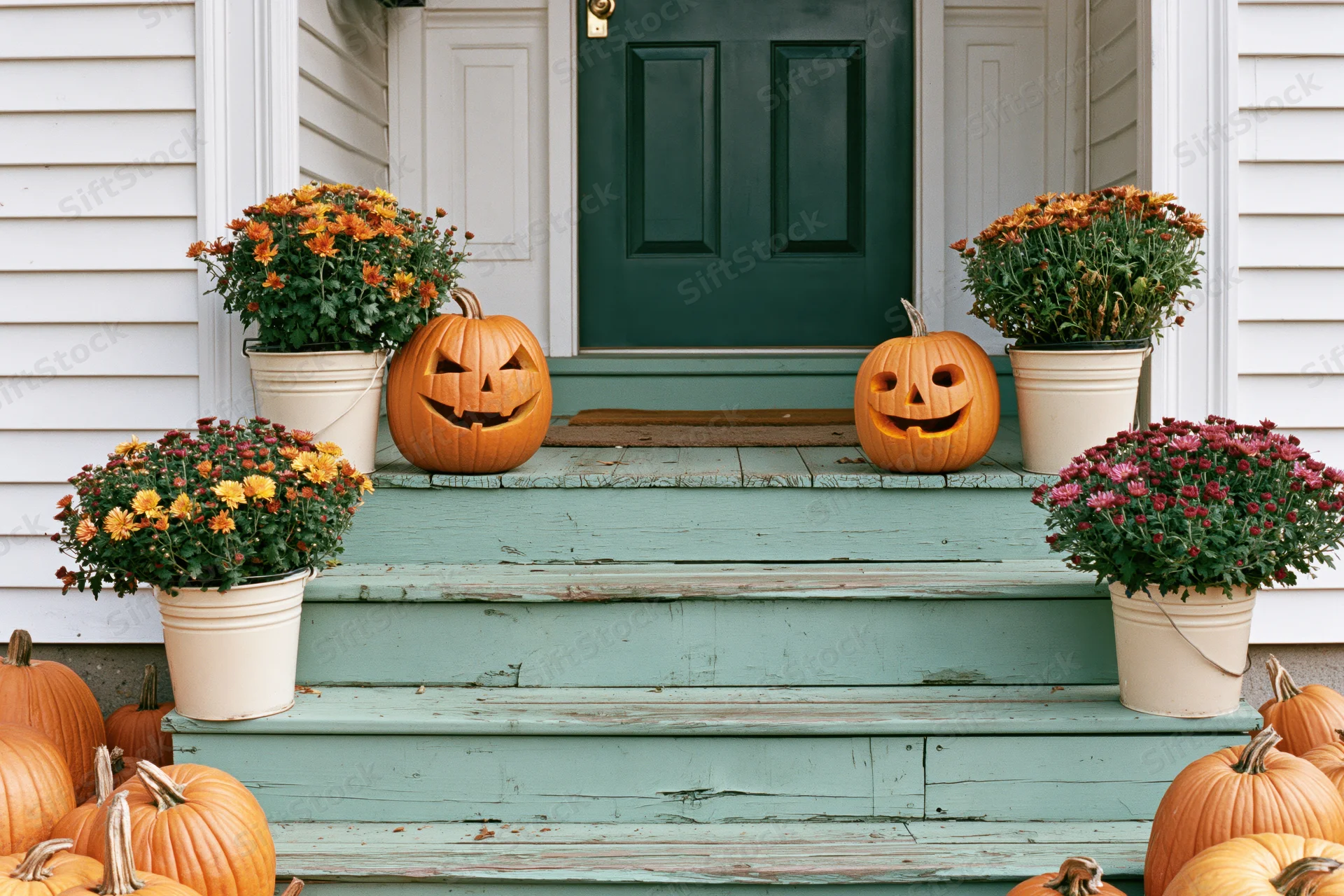 Two carved jack-o-lanterns on weathered teal steps flanked by potted mums in front of a green door