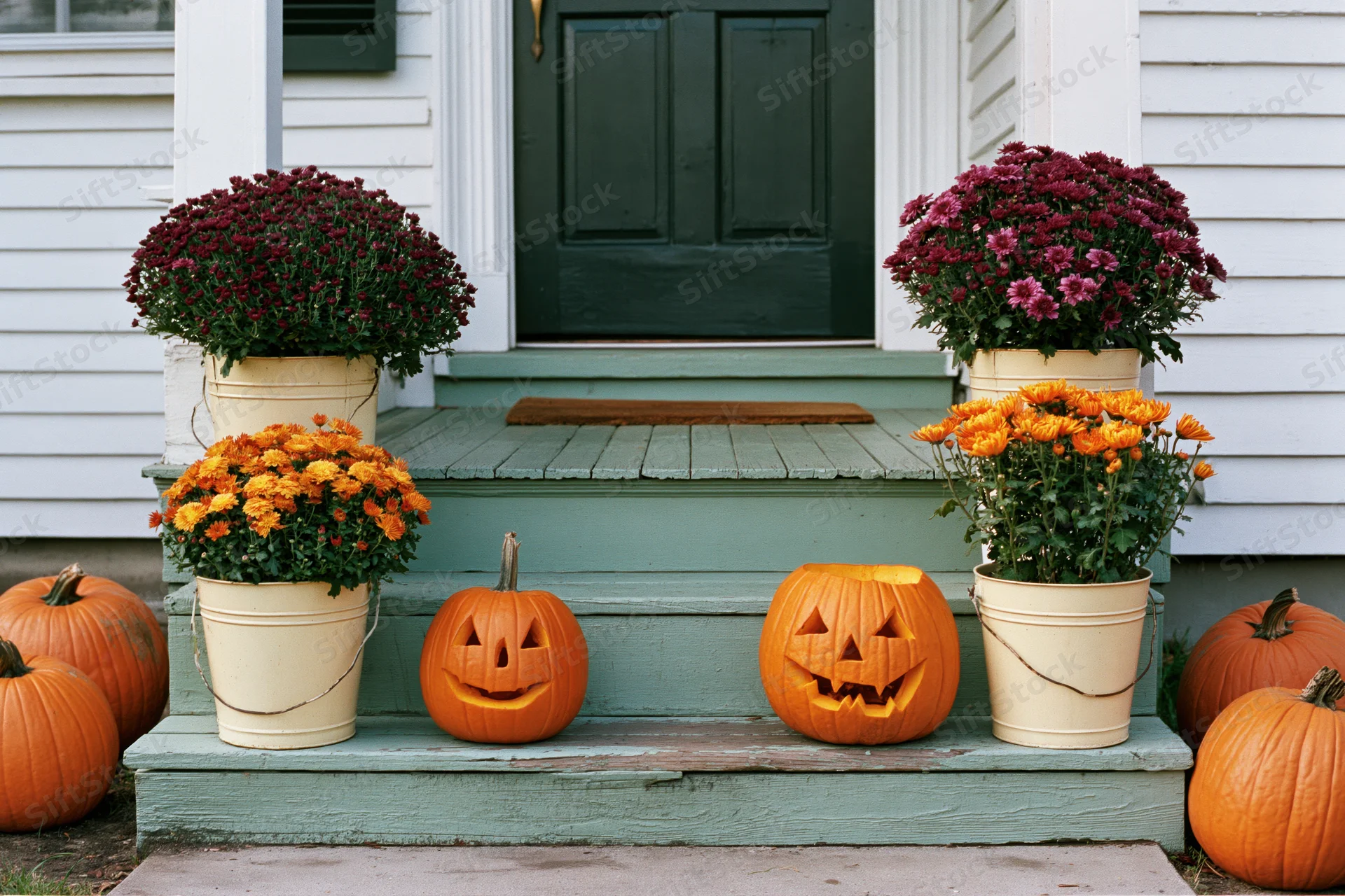 Carved pumpkins and potted mums arranged on front porch steps for halloween decoration