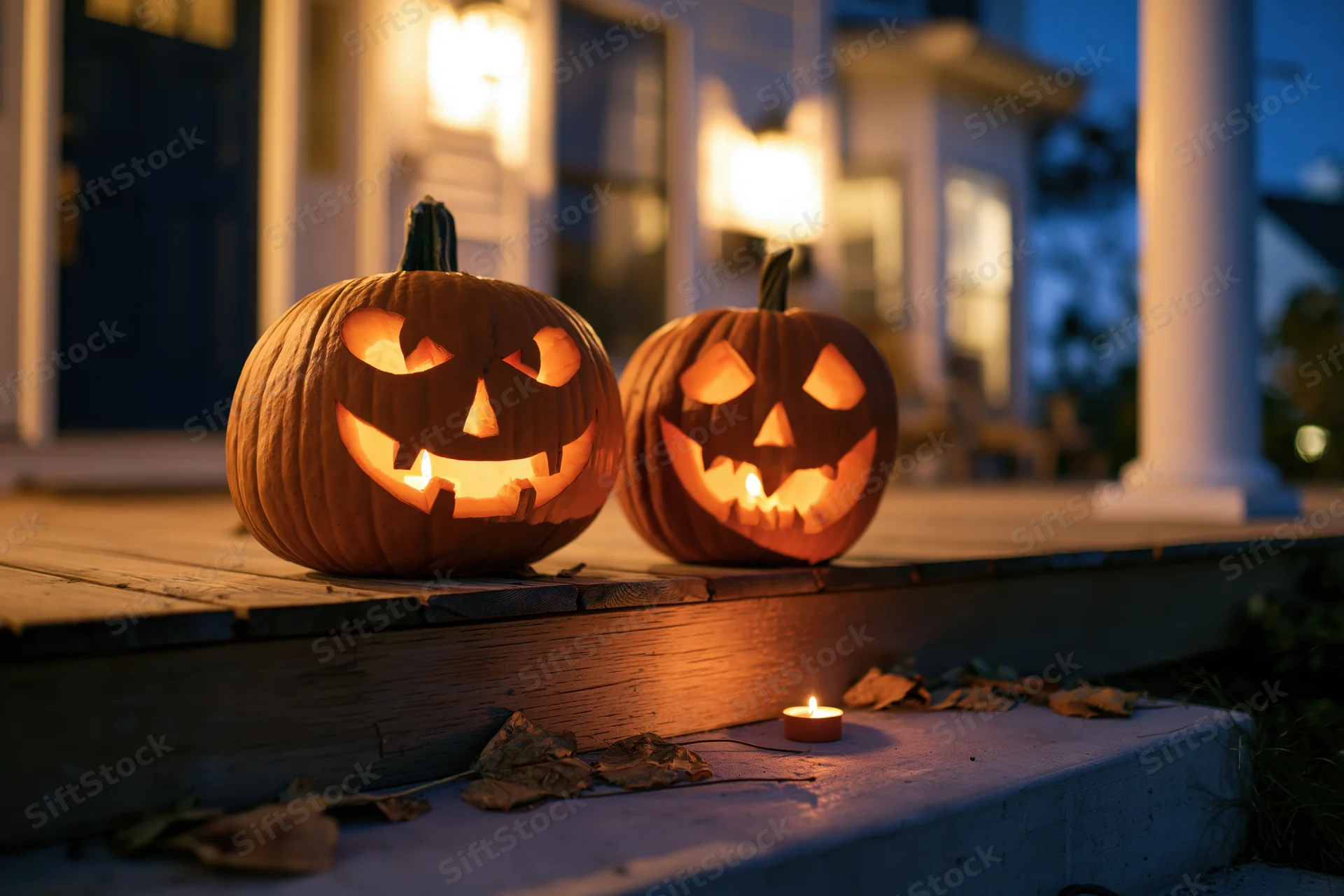 Two carved jack-o-lanterns glowing on a wooden front porch at twilight