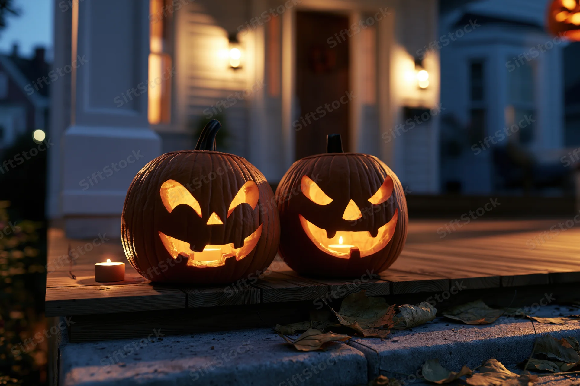 Two carved jack-o-lanterns glowing on a wooden front porch steps at dusk