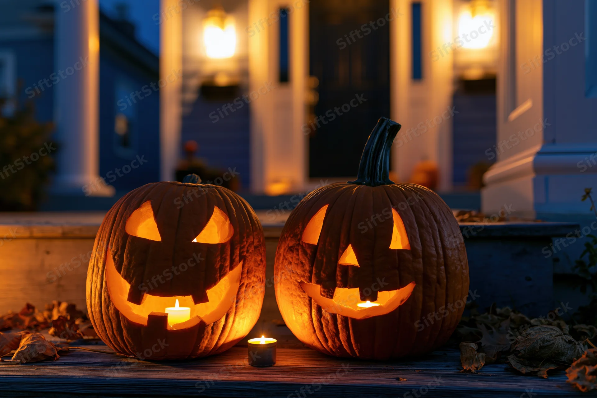Two carved jack-o-lanterns glowing on a wooden front porch at night