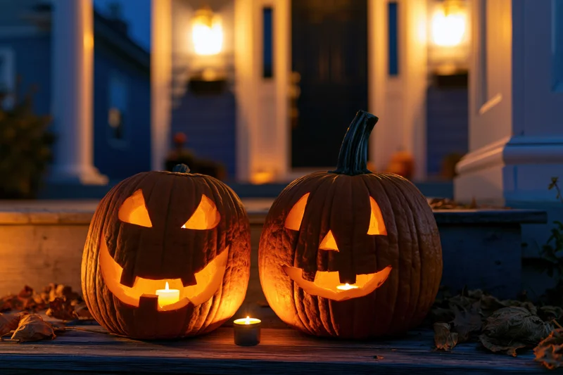 Two carved jack-o-lanterns glowing on a wooden front porch at night