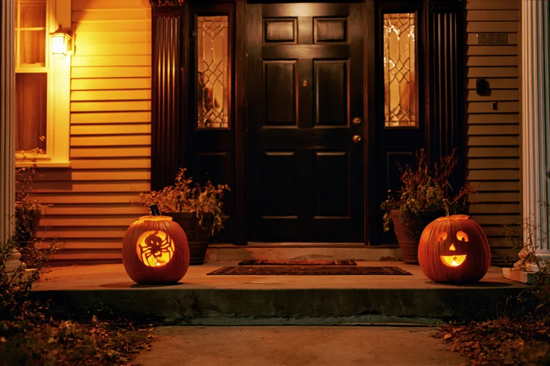Two carved jack-o-lanterns glowing on either side of a front door on a house porch at night