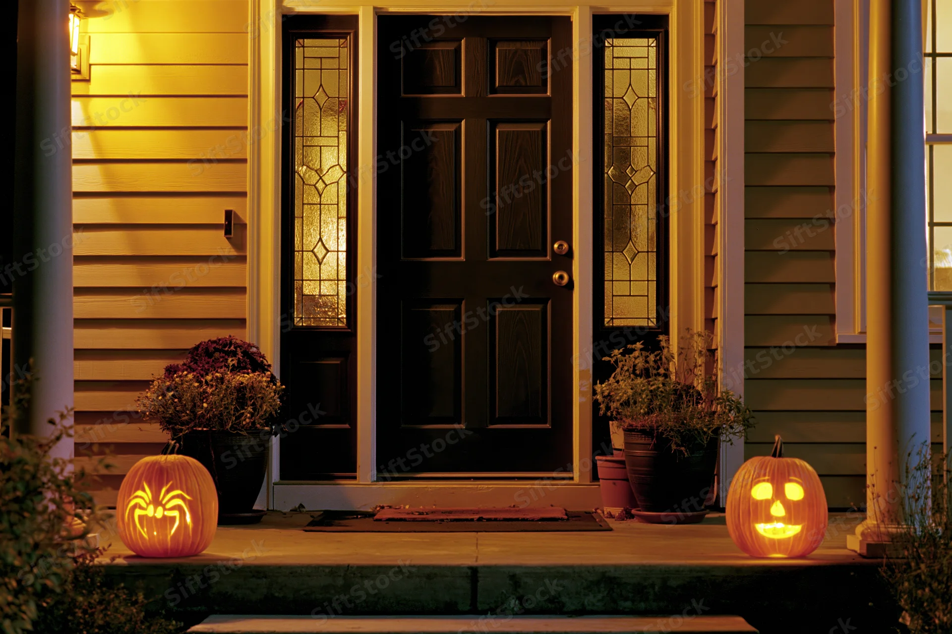 Two carved jack-o-lanterns glowing on either side of a front door on a house porch at night