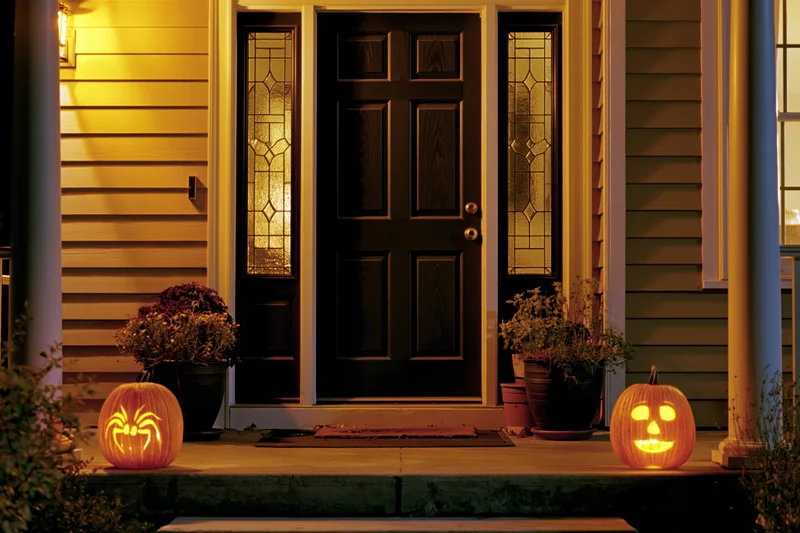 Two carved jack-o-lanterns glowing on either side of a front door on a house porch at night