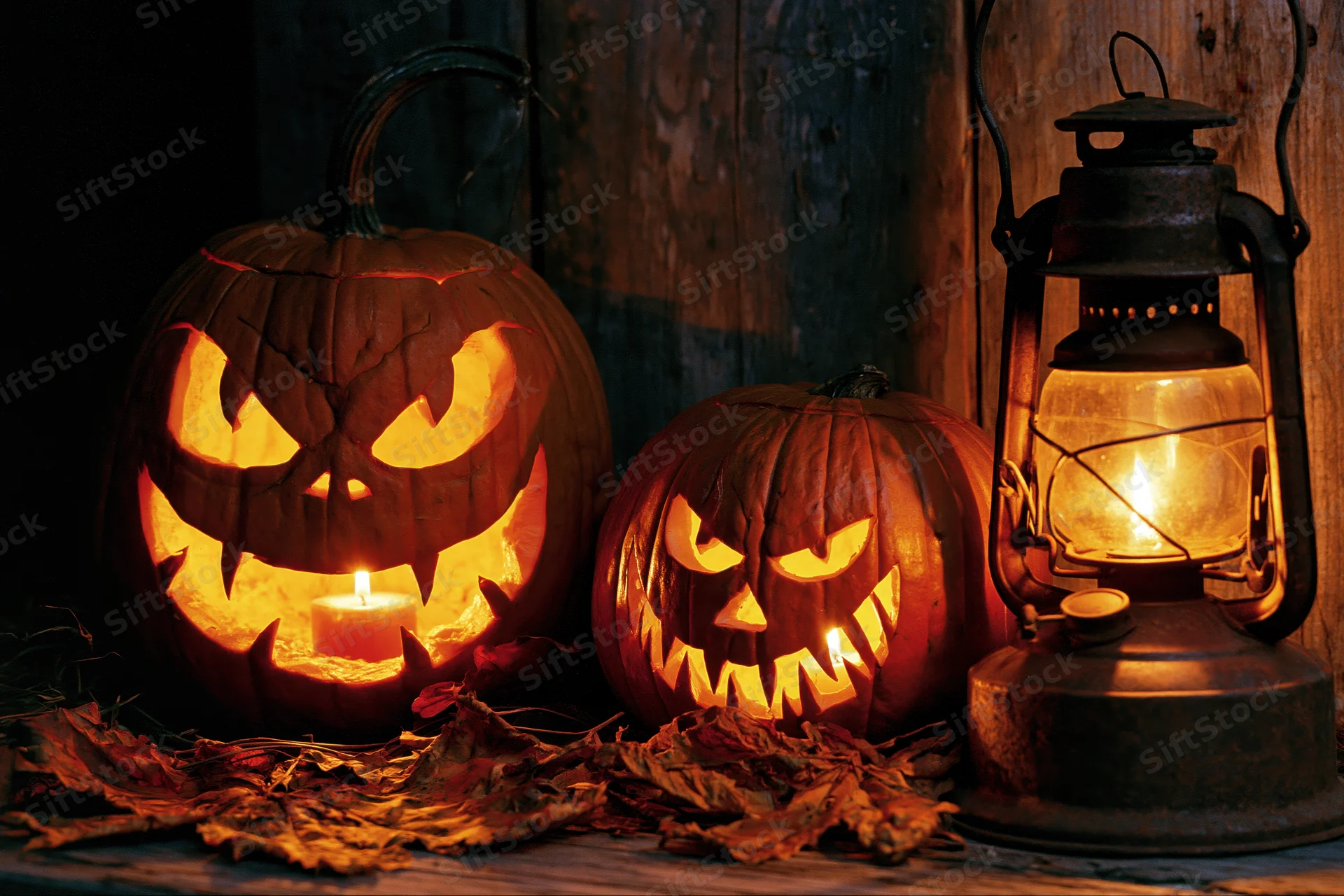 Two carved jack-o-lanterns with glowing faces and a vintage lantern on a wooden surface surrounded by autumn leaves