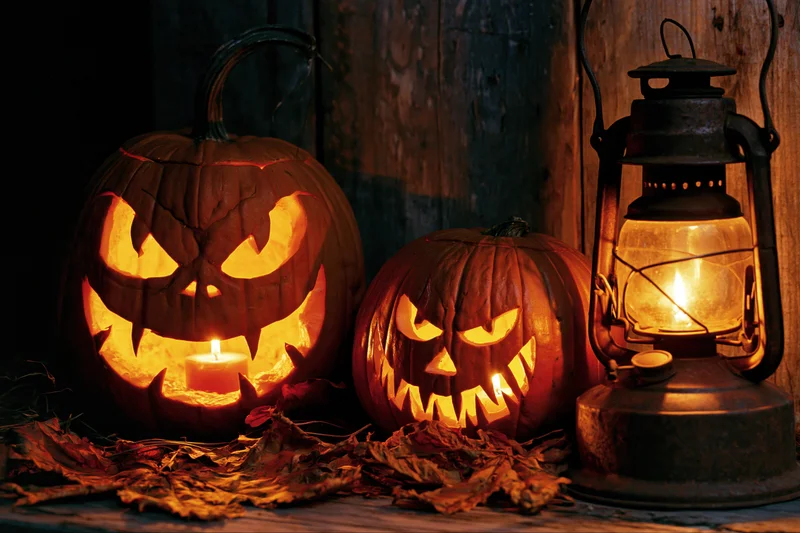 Two carved jack-o-lanterns with glowing faces and a vintage lantern on a wooden surface surrounded by autumn leaves