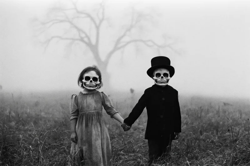 Two children wearing skull masks holding hands in a foggy field
