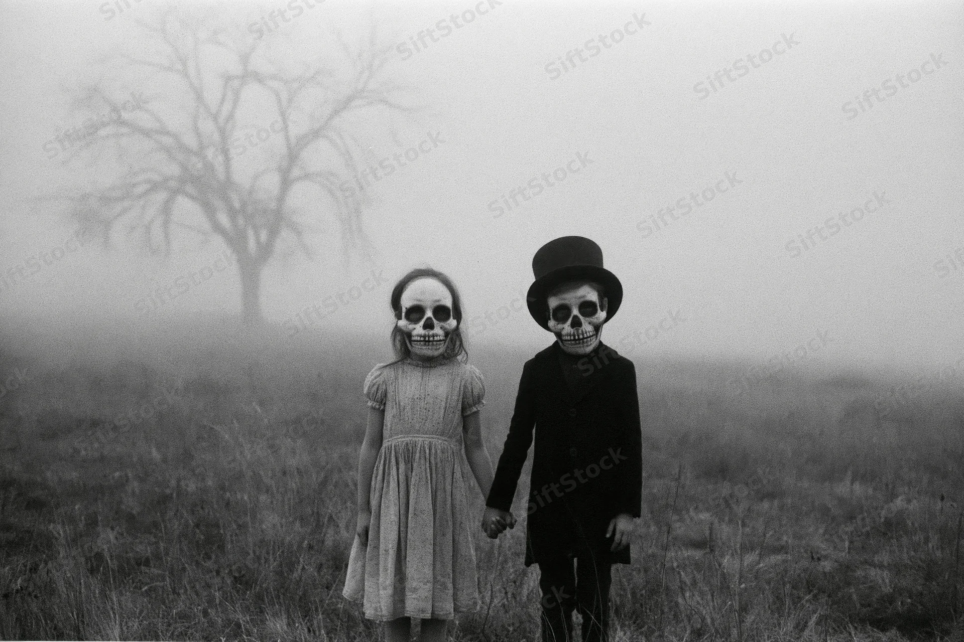 Two children wearing skull masks holding hands in a foggy field