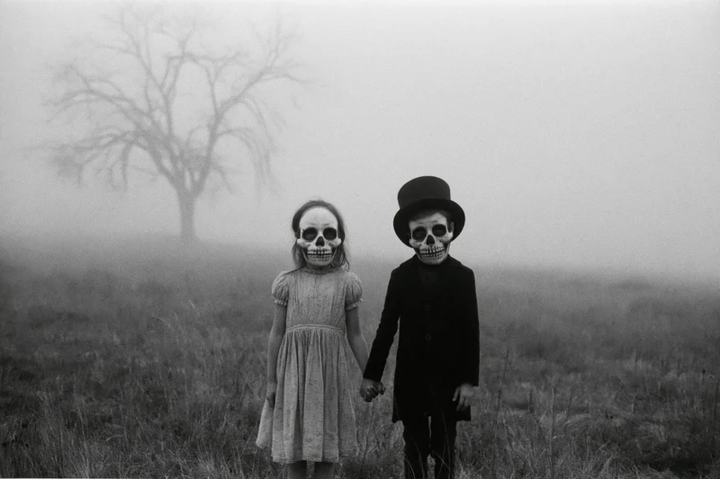 Two children wearing skull masks holding hands in a foggy field
