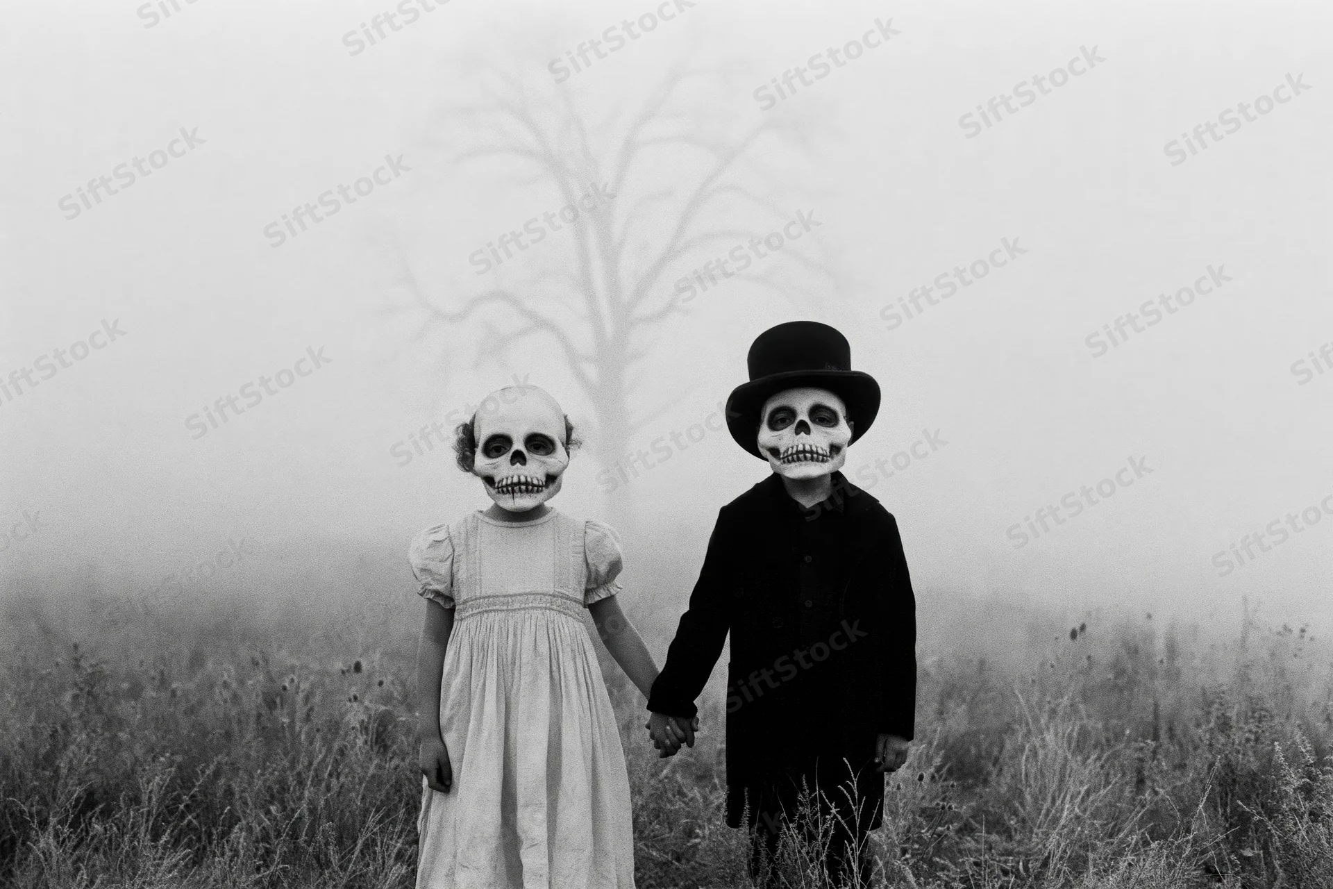 Two children wearing skull masks holding hands in a foggy field