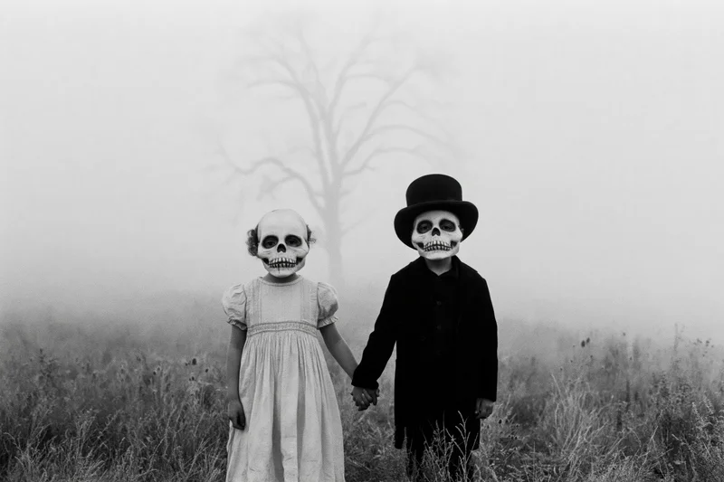 Two children wearing skull masks holding hands in a foggy field