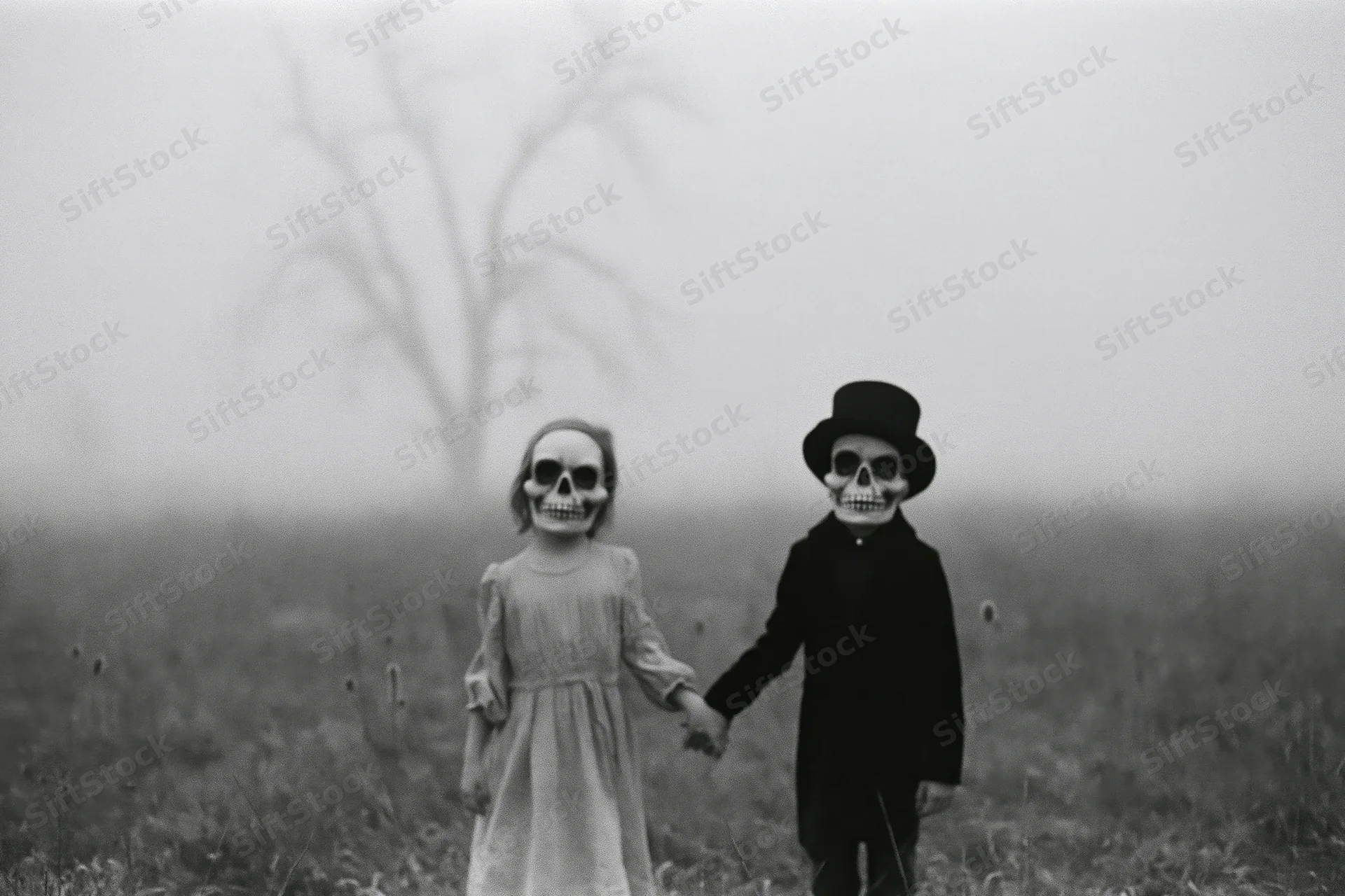 Two children wearing skull masks holding hands in a foggy field
