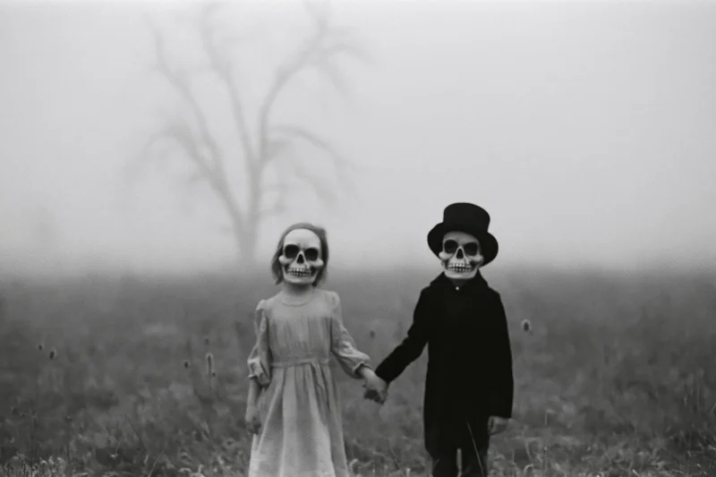 Two children wearing skull masks holding hands in a foggy field