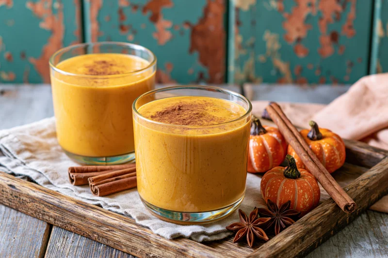 Two glasses of thick orange pumpkin smoothie on a wooden tray with cinnamon sticks and small pumpkins, set on a rustic table