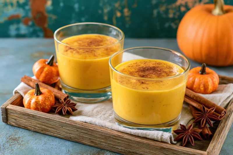 Two glasses of thick orange pumpkin smoothie on a wooden tray with cinnamon and star anise garnish, surrounded by small pumpkins and a large pumpkin in the background