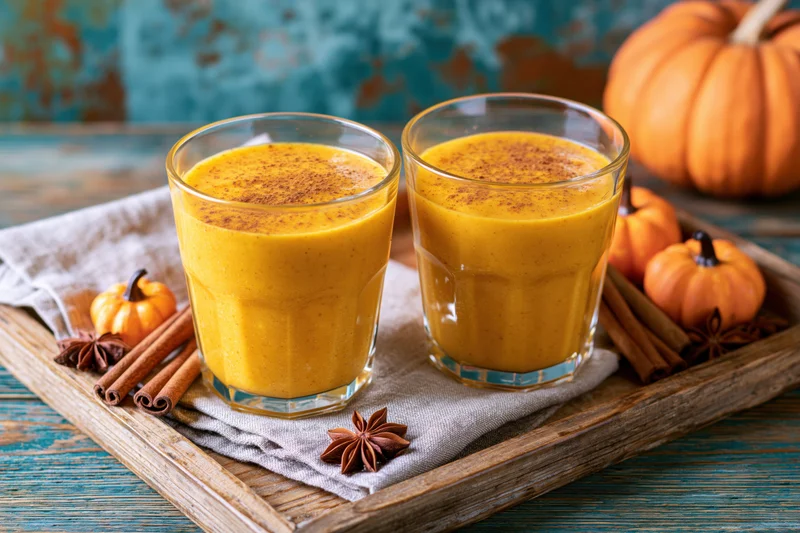 Two glasses of thick orange pumpkin smoothie on a wooden tray with cinnamon sticks and star anise, surrounded by small pumpkins on a rustic table