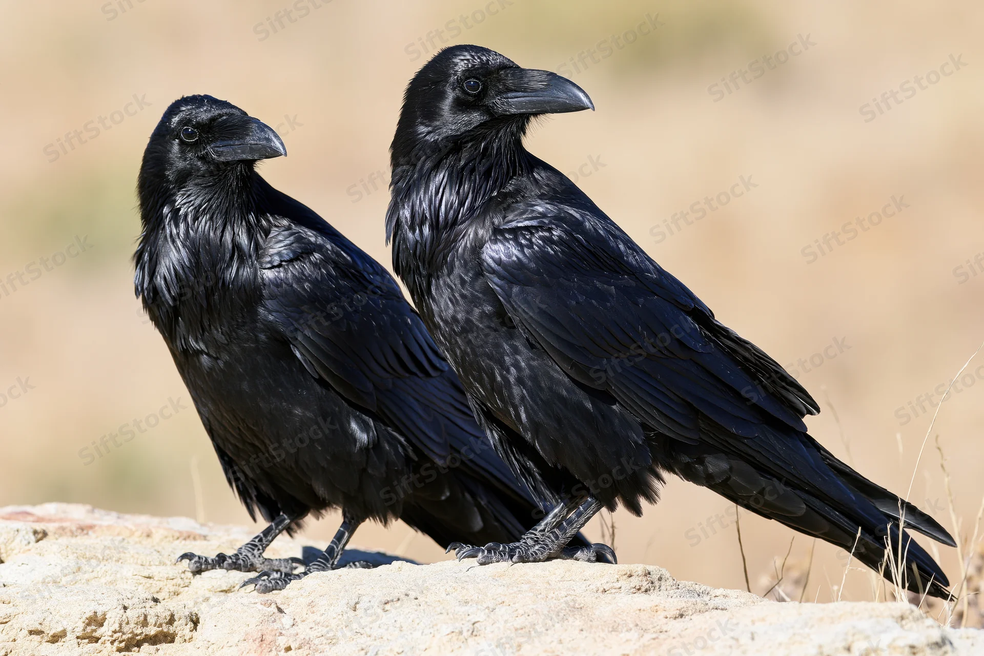 Two ravens perched side by side on a pale sandstone rock