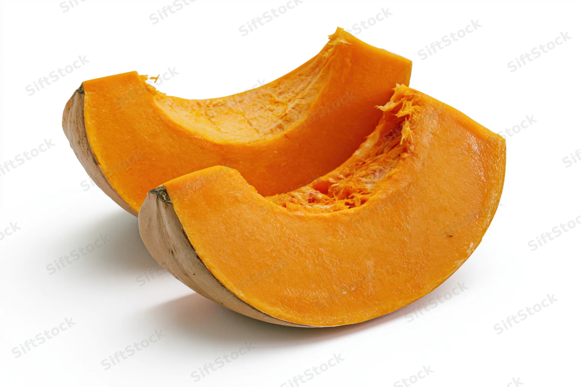Two curved slices of fresh pumpkin cut and separated on white background