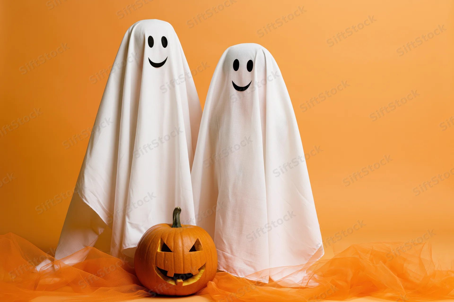 Two smiling ghost costumes made from white sheets standing beside a carved pumpkin on orange tulle against orange backdrop