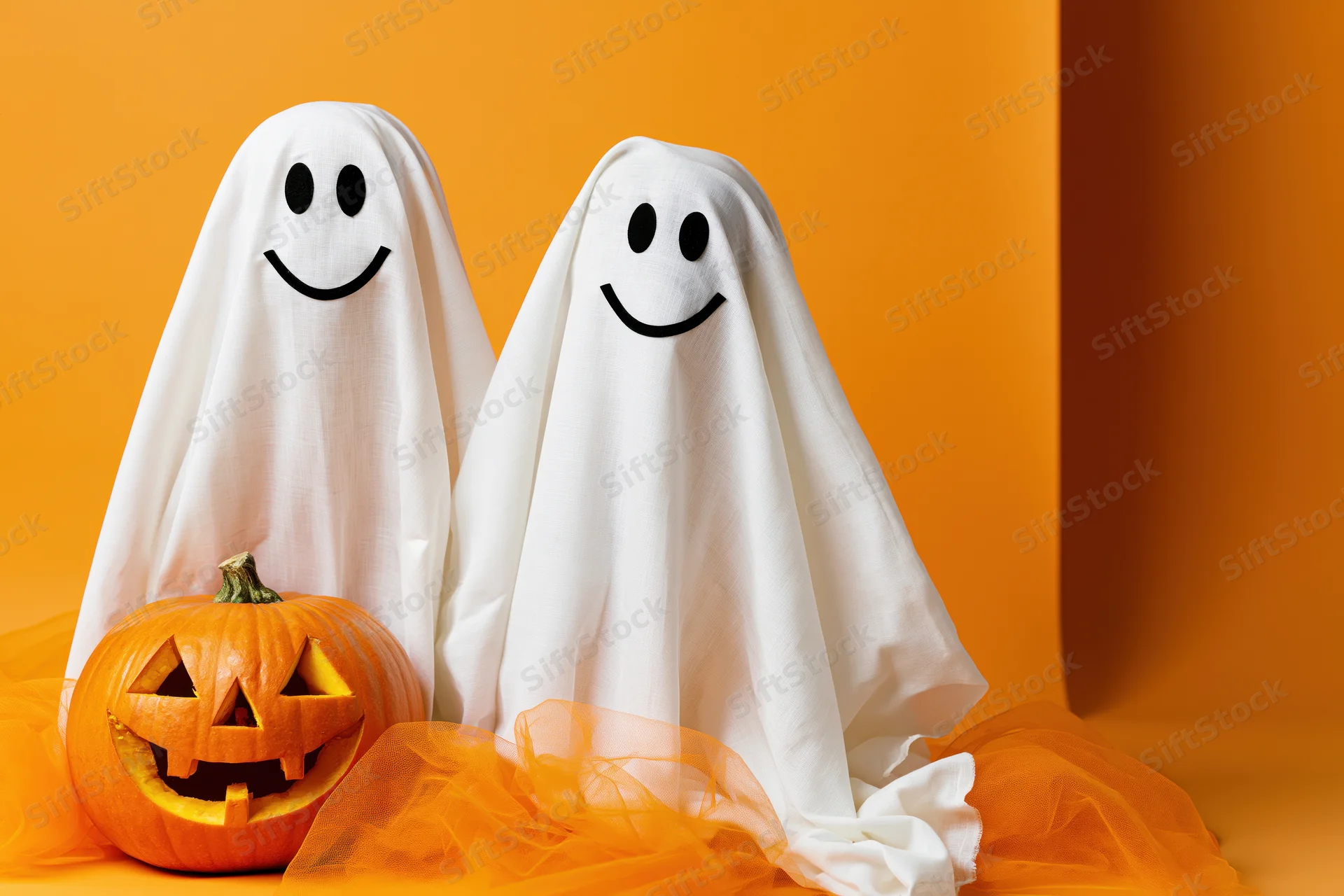 Two smiling ghost costumes made from white fabric sheets beside a carved pumpkin on orange background