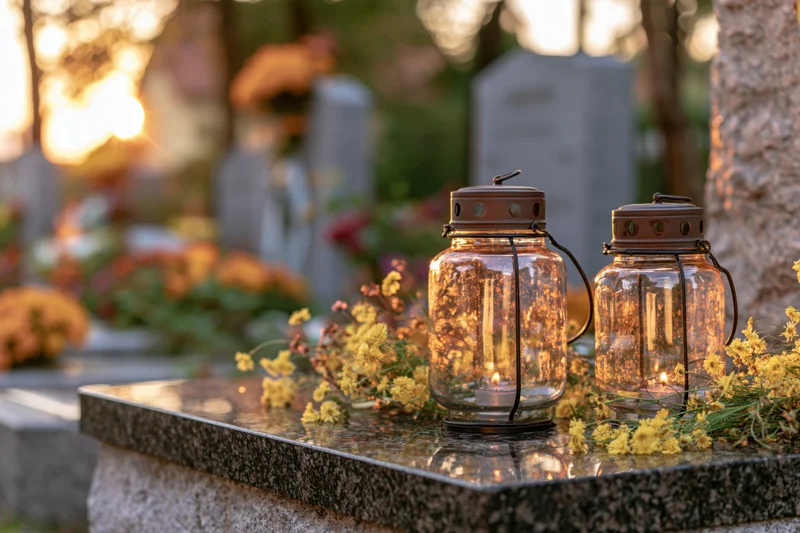 Two glass grave lanterns with lit candles and yellow flowers on a polished granite tombstone in a cemetery at sunset