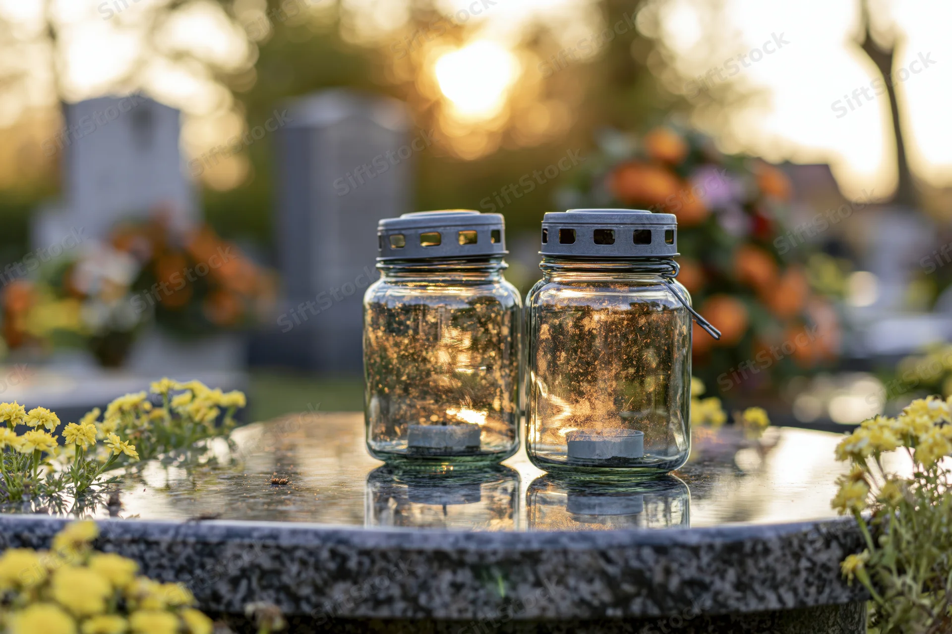 Two glass grave lanterns with metal caps resting on a polished tombstone in a cemetery at sunset