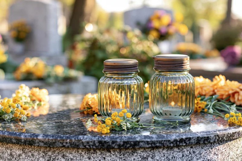 Two glass grave lanterns with candles on a polished granite tombstone surrounded by yellow and orange flowers in a cemetery