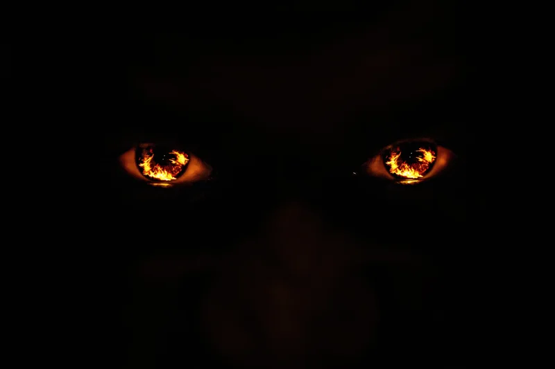 Glowing amber-orange eyes reflecting flames in darkness