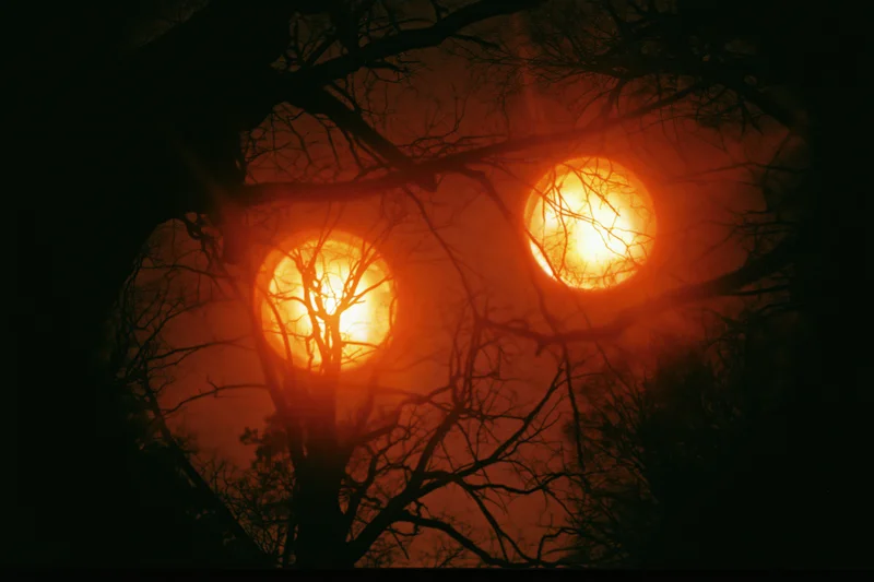 Two glowing orange orbs seen through bare tree branches at night
