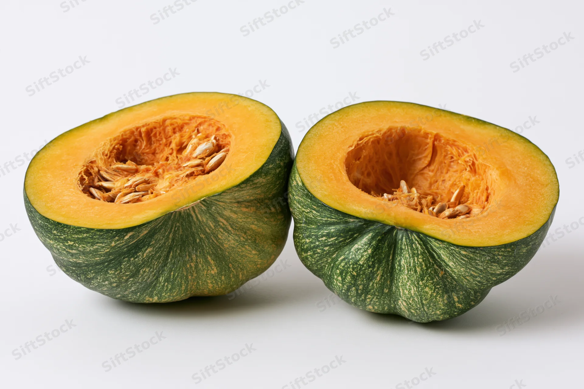 Two halves of a kabocha squash cut open and placed side by side on a white surface