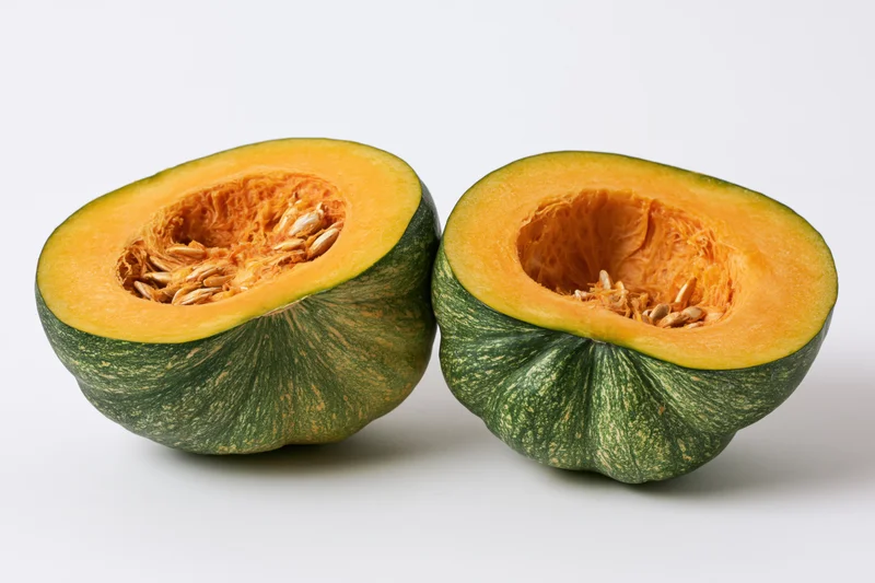 Two halves of a kabocha squash cut open and placed side by side on a white surface