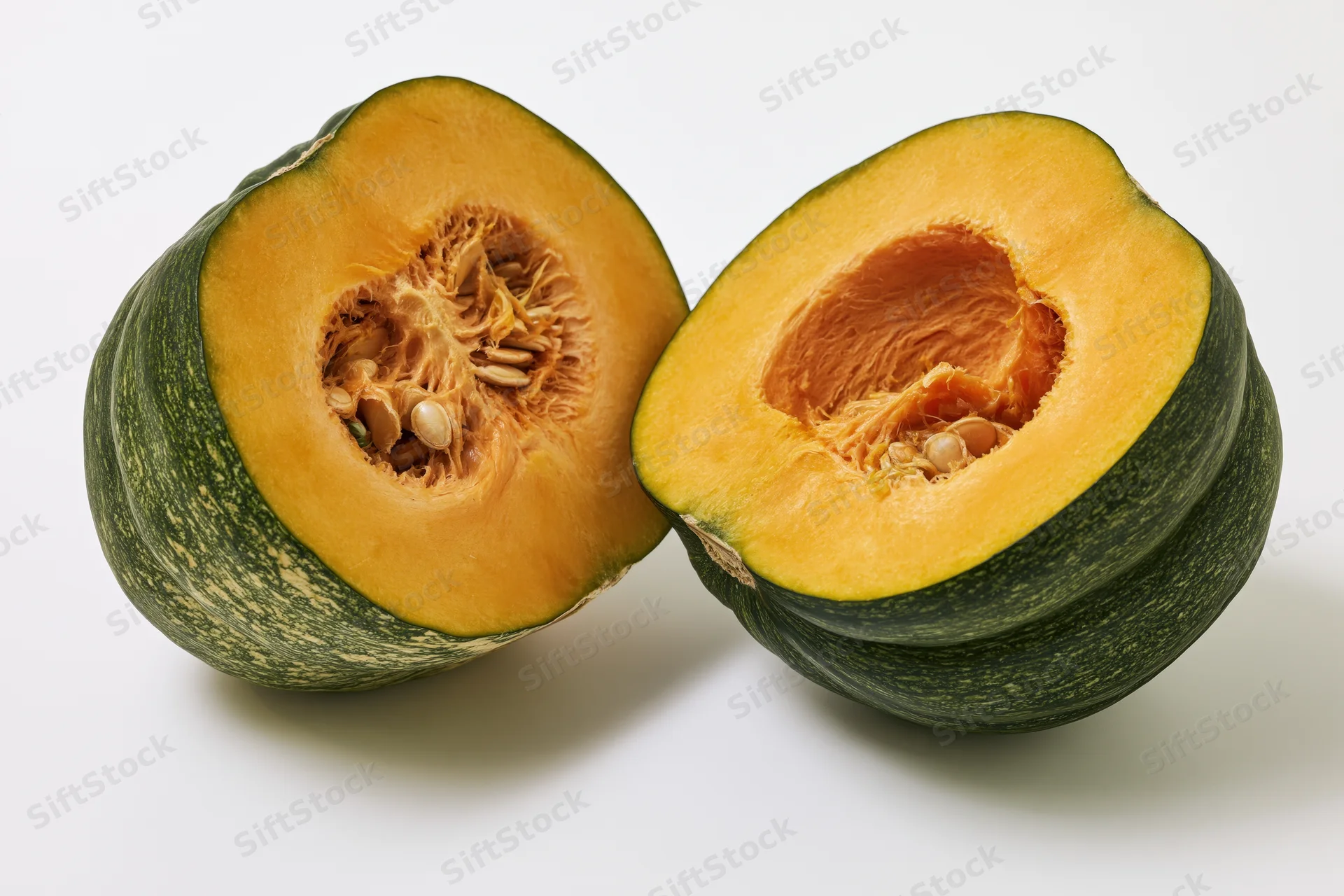 Two halves of a kabocha squash cut open showing orange flesh and seeds on white background